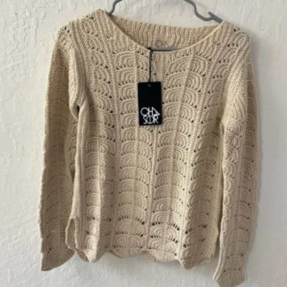 Chaser Cream Knit Crochet Scallop Slit Long Sleeve Pullover Sweater Small